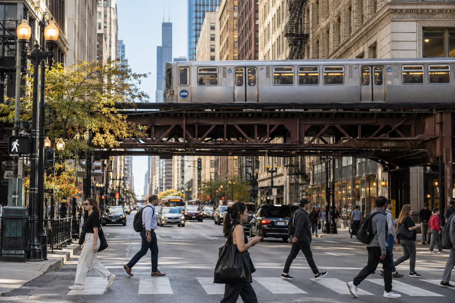 Pedestrians beneath an elevated train in downtown Chicago
