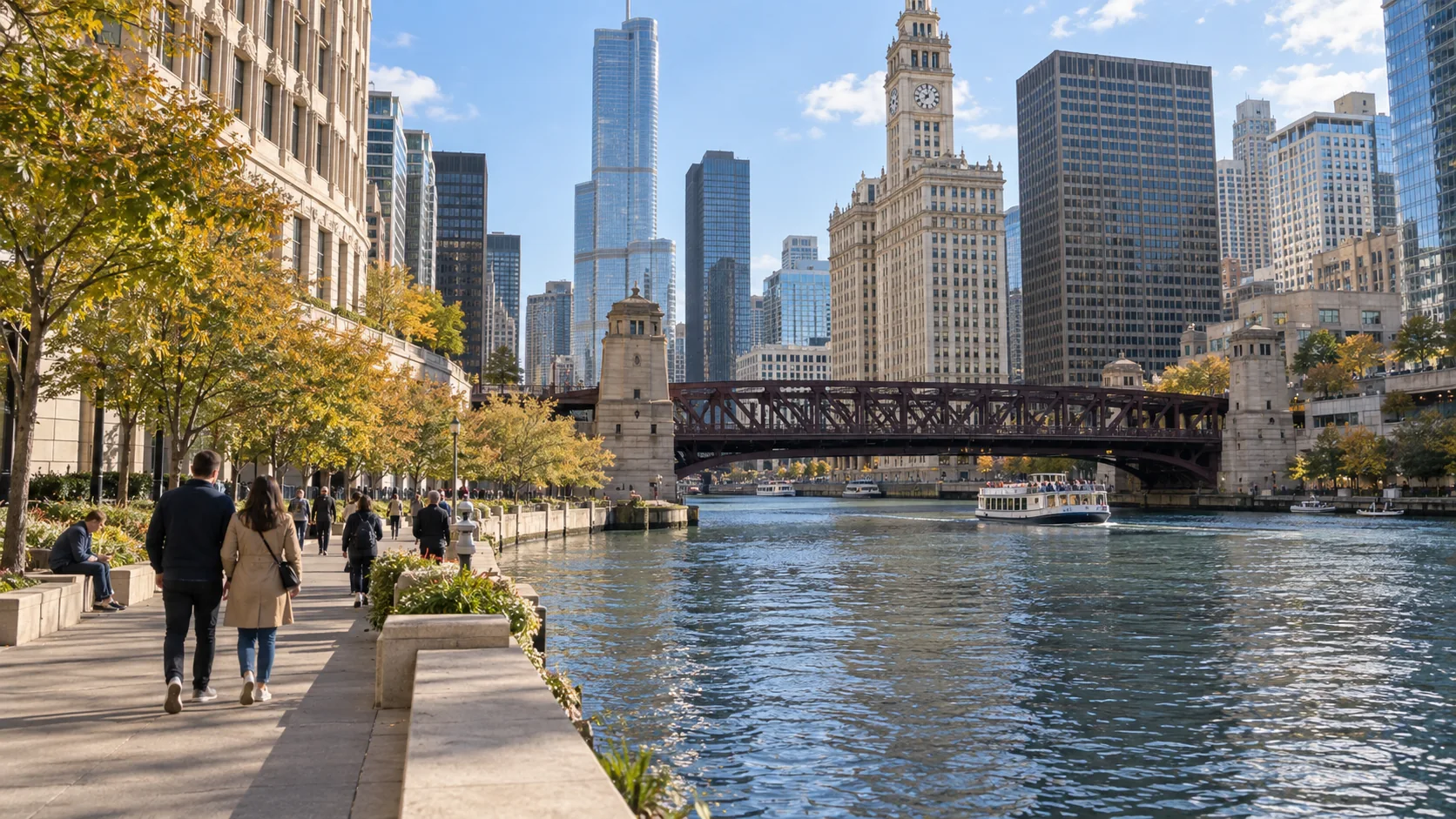 People walking beside the Chicago River with downtown buildings and a bridge beyond